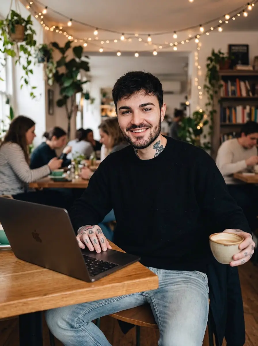 After: Before and after AI coffee shop dating photo transformation — flat lighting to warm café interior glow.