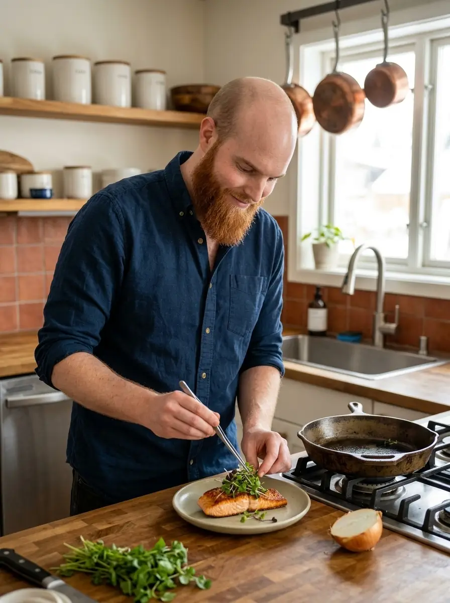cooking-kitchen dating photo — bearded man plating salmon with microgreens in bright kitchen