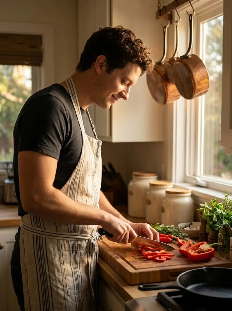 cooking-kitchen dating photo — man in apron slicing red bell pepper on wooden cutting board