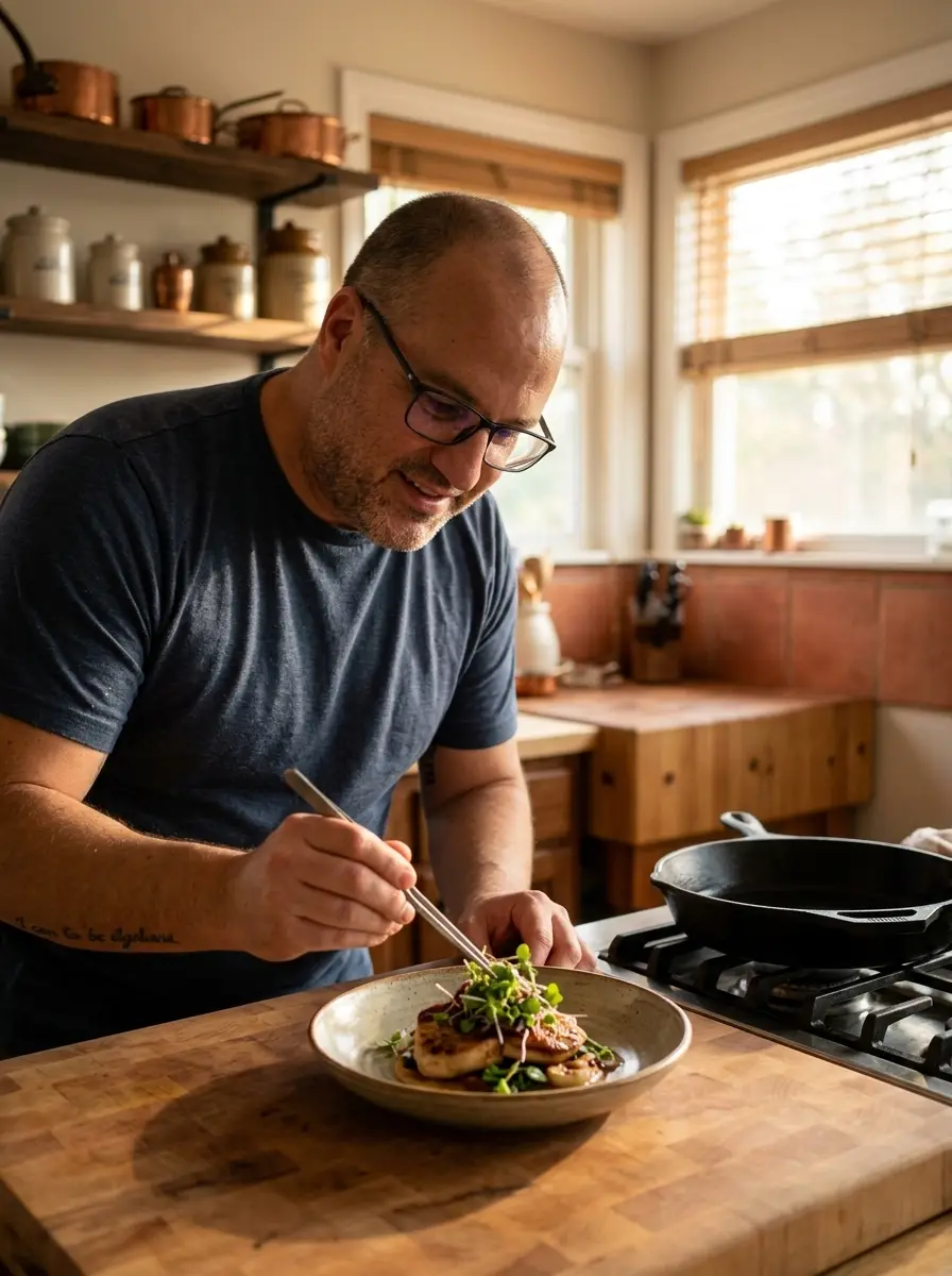 cooking-kitchen dating photo — man with glasses garnishing scallops with tweezers on wood counter