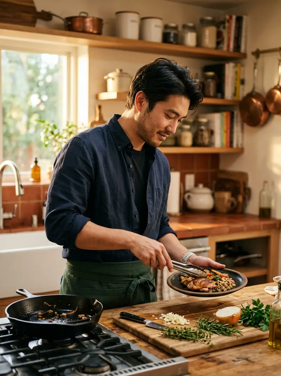 cooking-kitchen dating photo — man plating roasted chicken with tongs in warm rustic kitchen