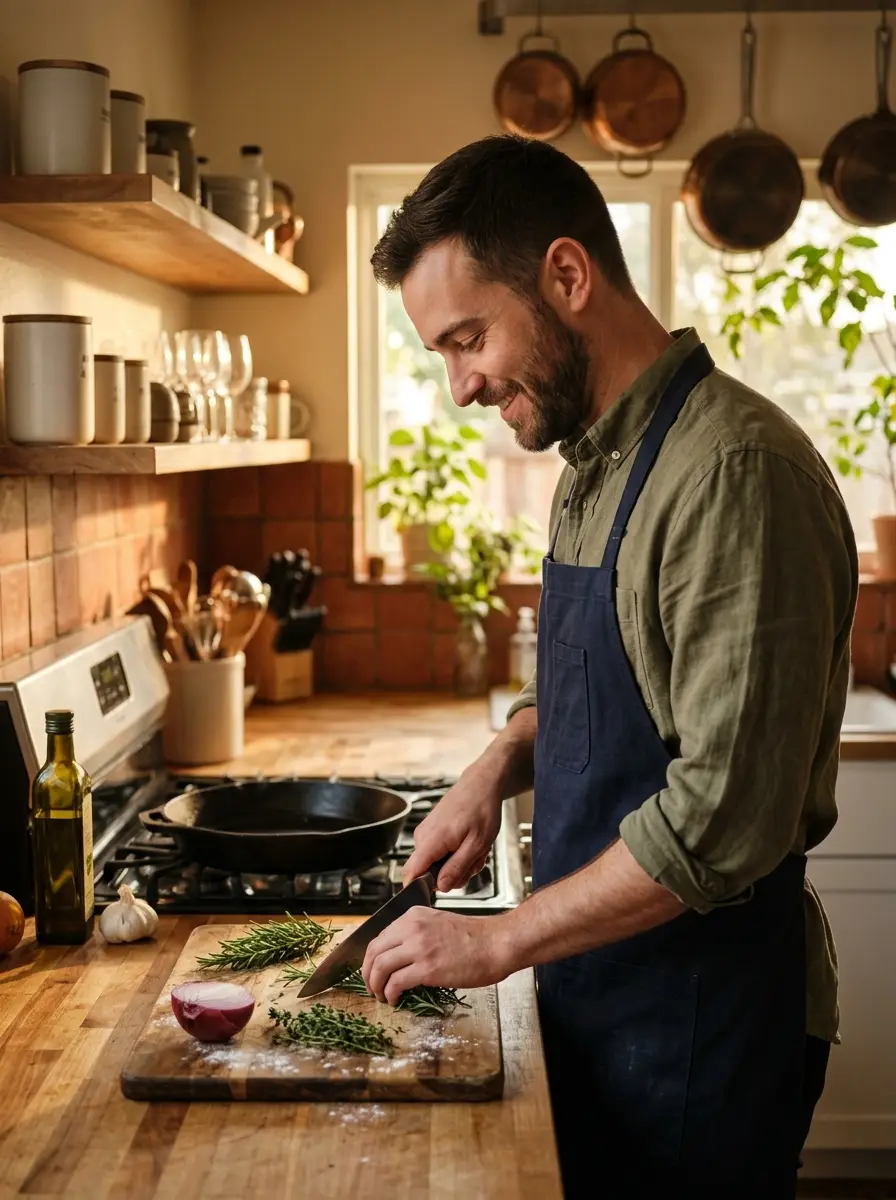 cooking-kitchen dating photo — bearded man in apron chopping rosemary on cutting board by stove