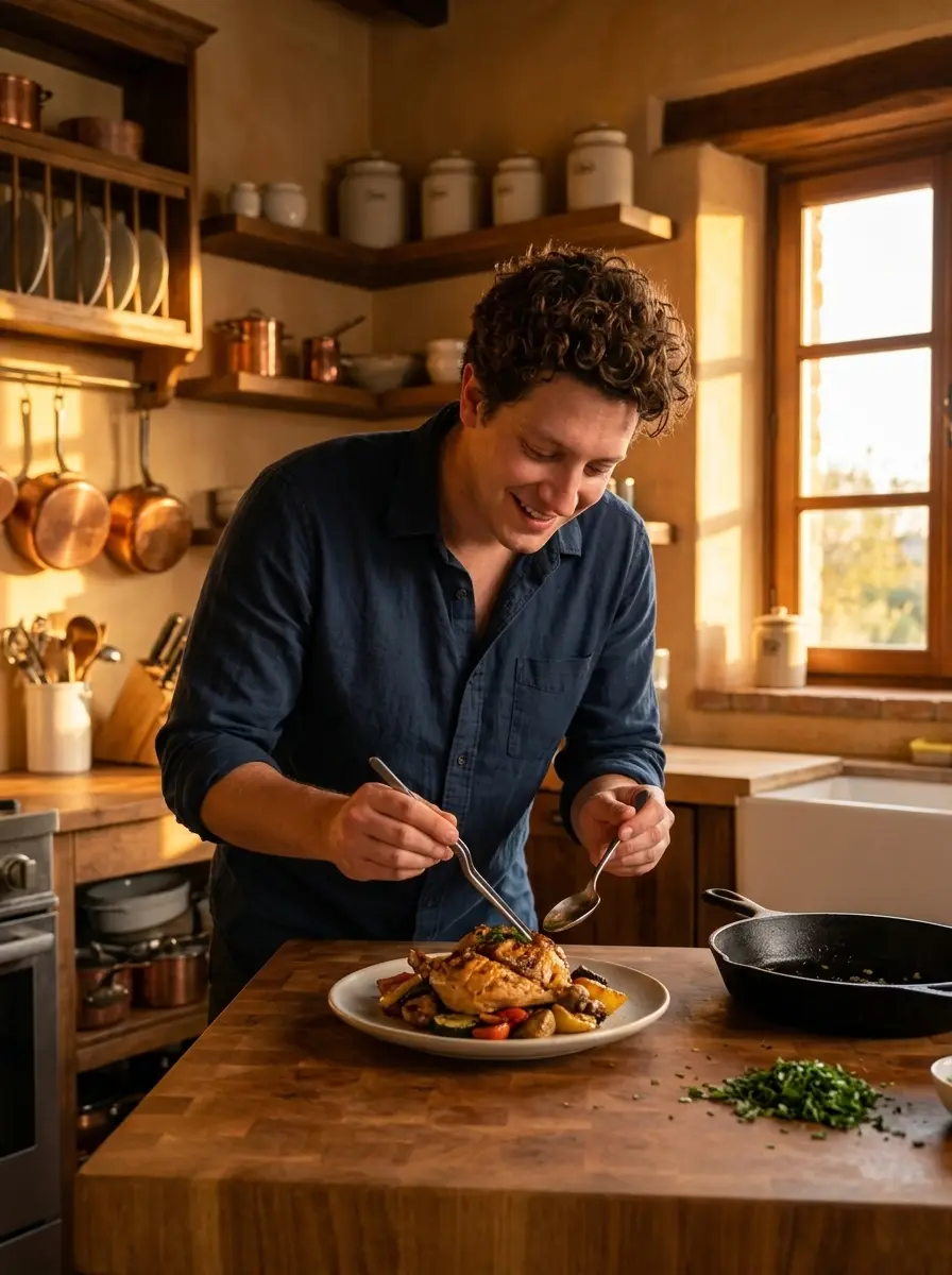 cooking-kitchen dating photo — curly-haired man plating roast chicken on butcher block counter