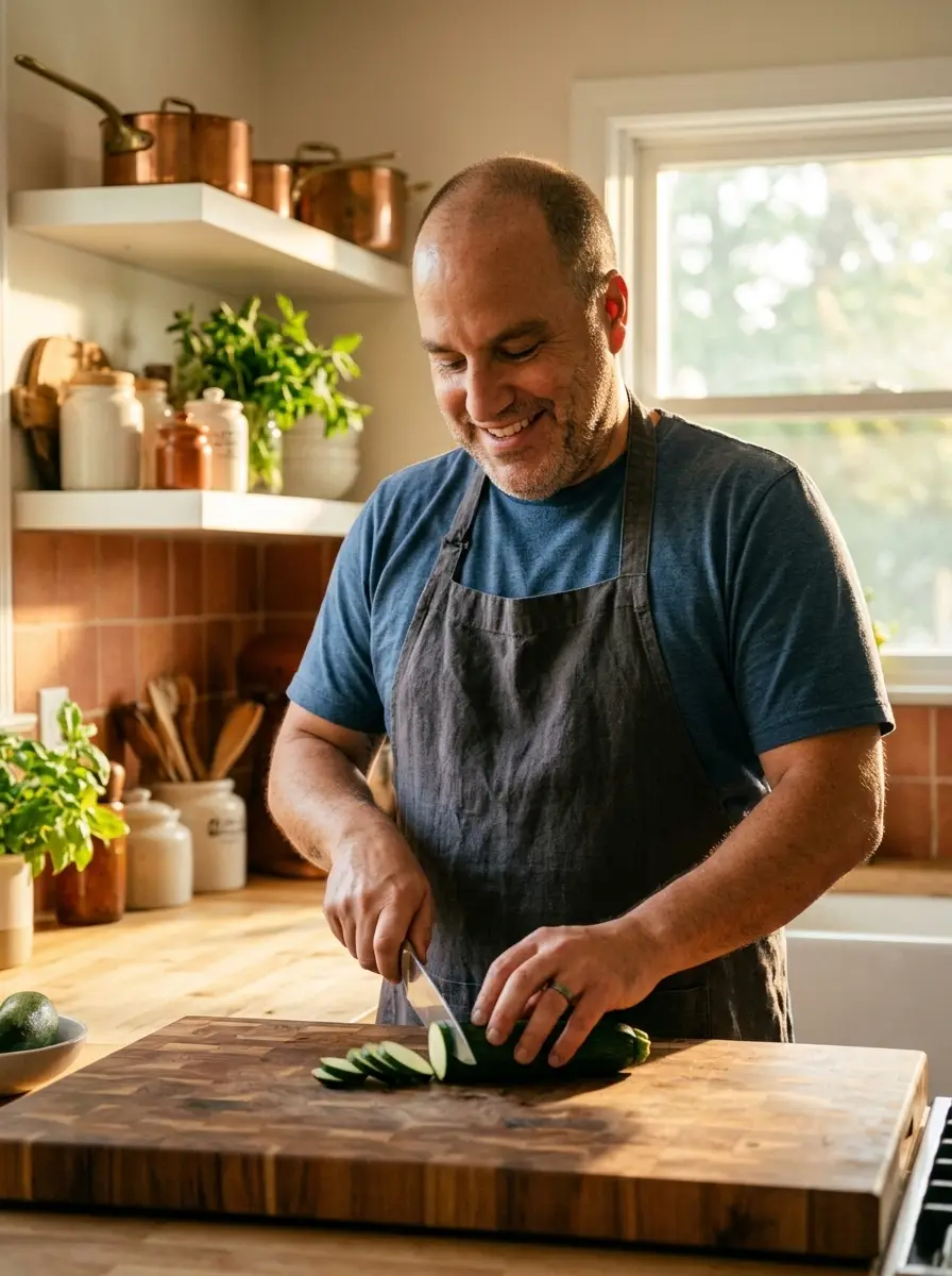 cooking-kitchen dating photo — smiling man in apron slicing zucchini on wooden board
