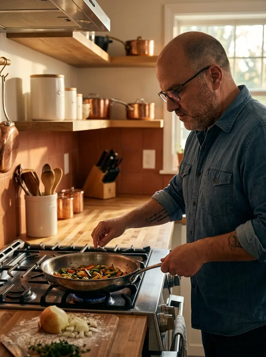 cooking-kitchen dating photo — bespectacled man sautéing vegetables in pan on gas stove
