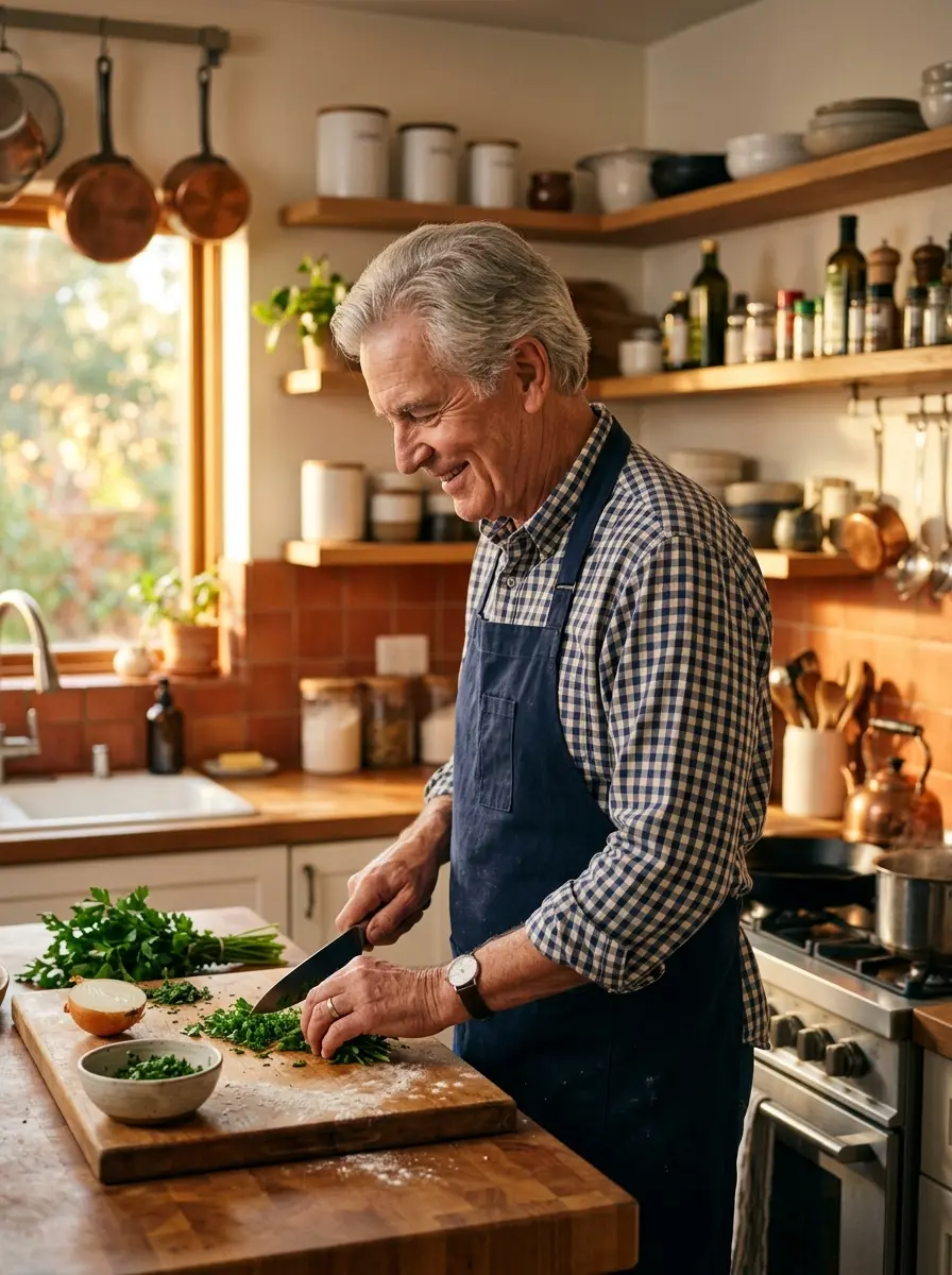 cooking-kitchen dating photo — older man chopping herbs on cutting board in rustic kitchen