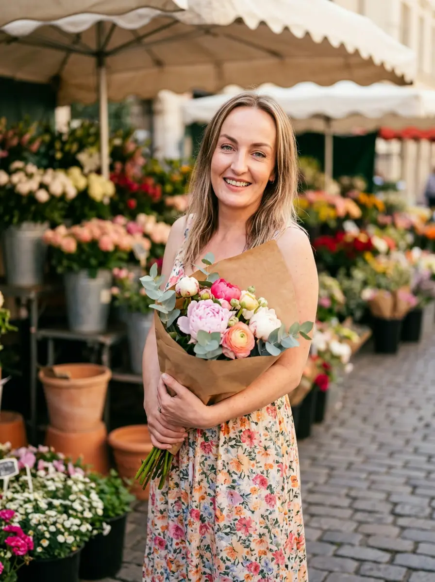 flower-market dating photo — smiling woman holding wrapped bouquet at outdoor flower market