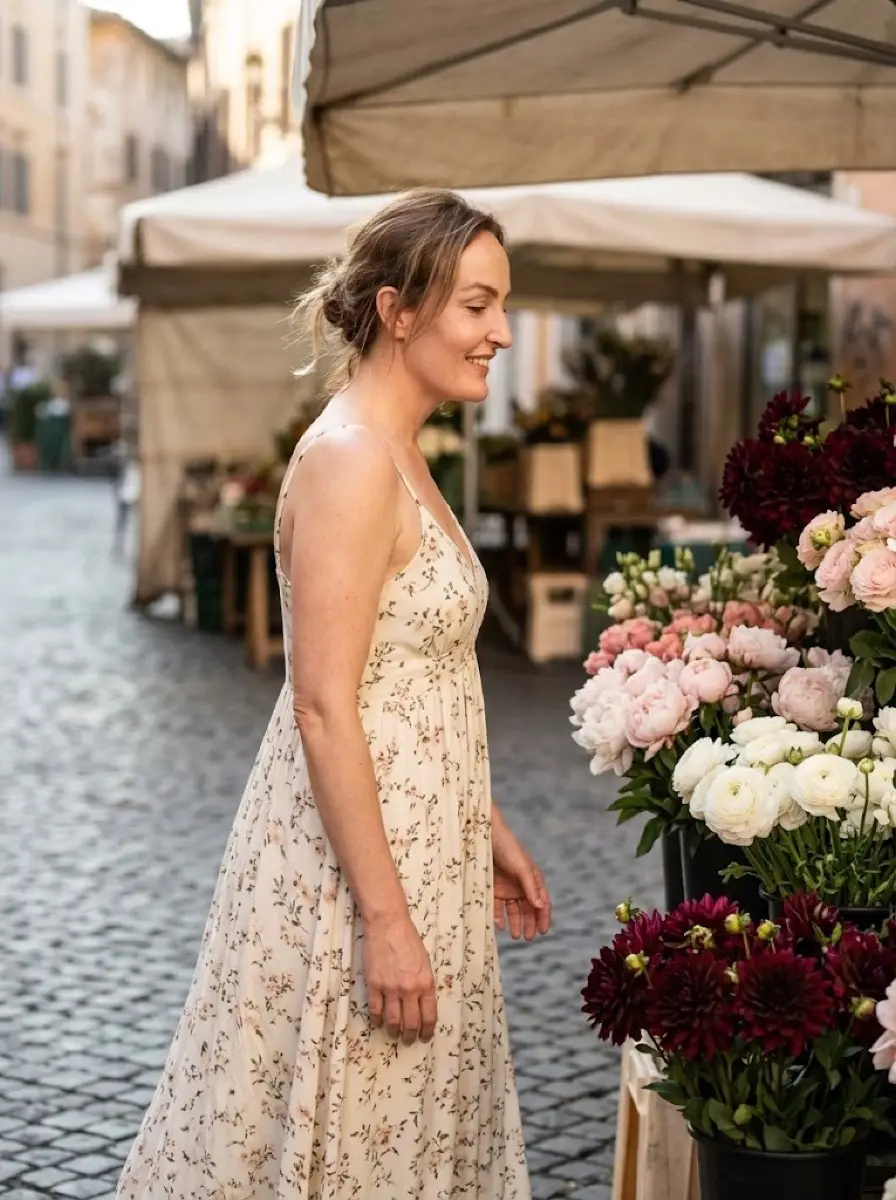 flower-market dating photo — Woman in floral sundress browsing peonies at outdoor flower stand