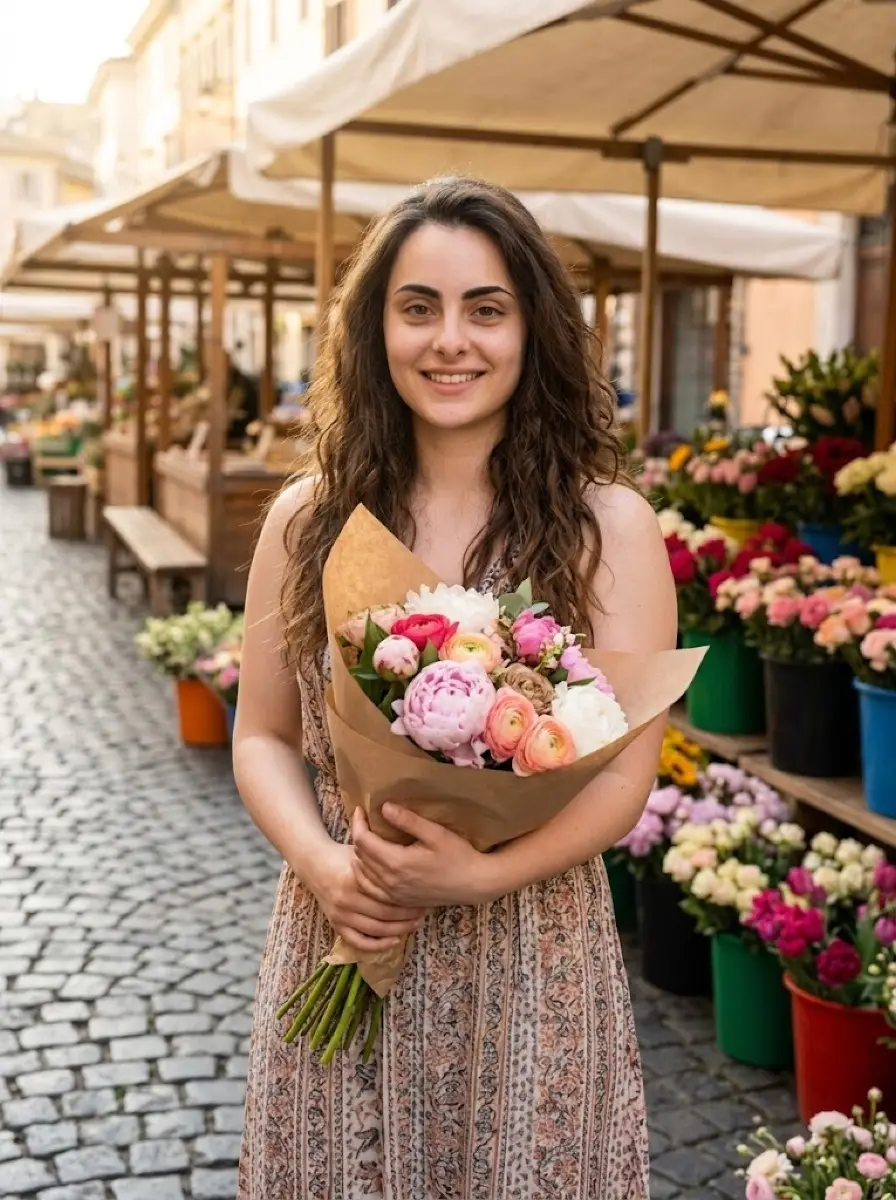 flower-market dating photo — Woman holding wrapped bouquet of peonies on cobblestone market street