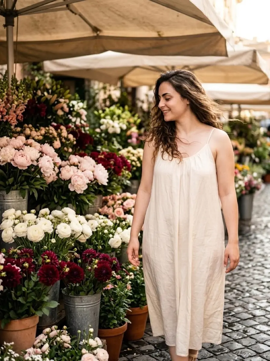 flower-market dating photo — Woman in white dress walking past flower buckets under market canopy