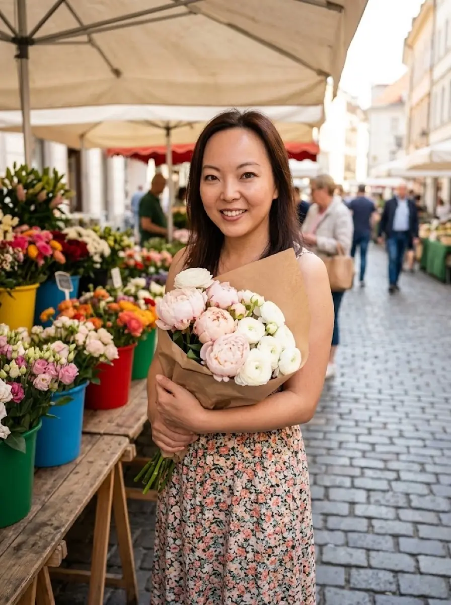 flower-market dating photo — Smiling woman holding wrapped peony bouquet at busy flower market