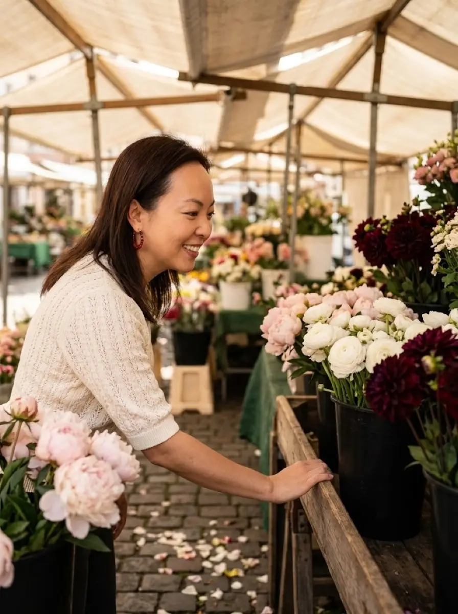 flower-market dating photo — smiling woman browsing flowers at covered outdoor market stall