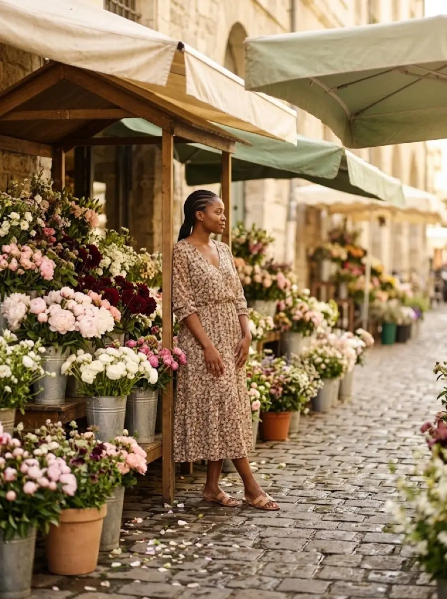 flower-market dating photo — woman in floral dress standing beside flower market stall on cobblestone street