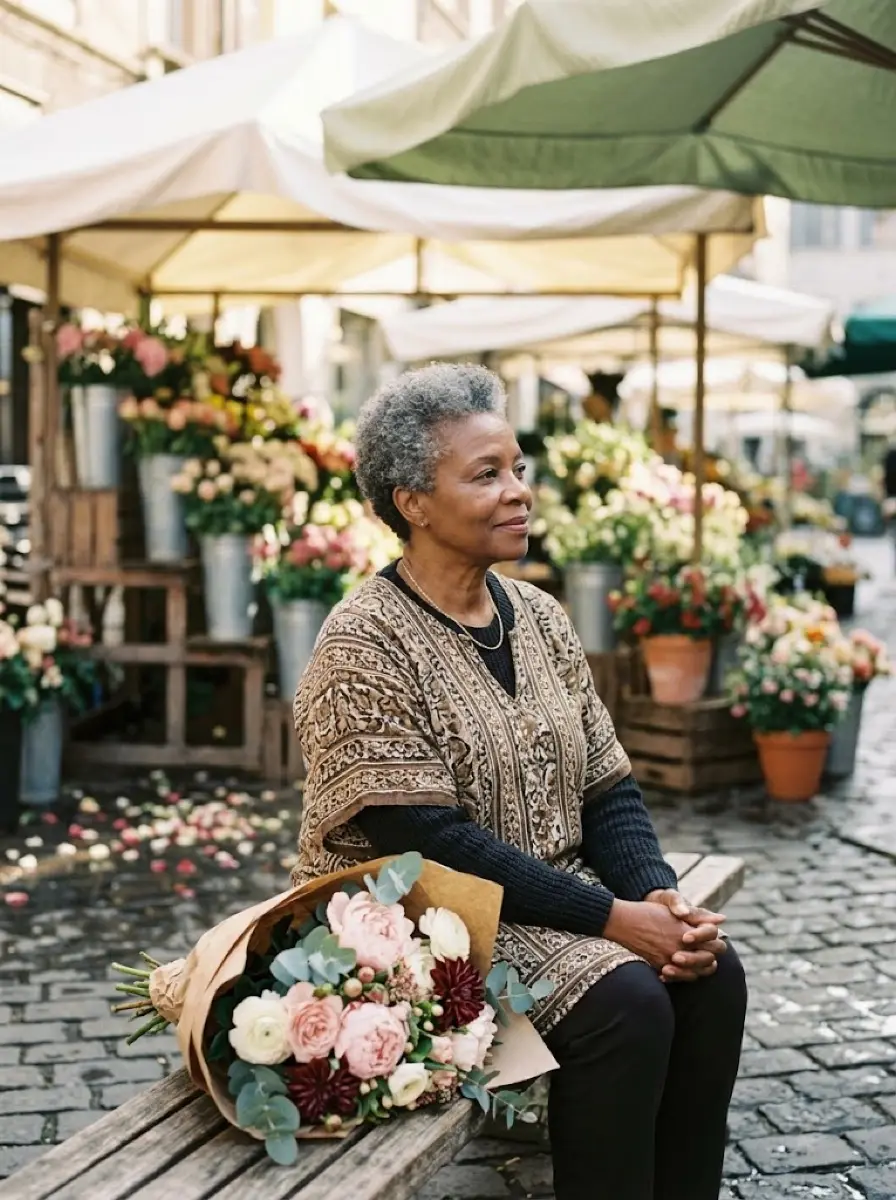 flower-market dating photo — older woman sitting on bench holding wrapped bouquet at flower market