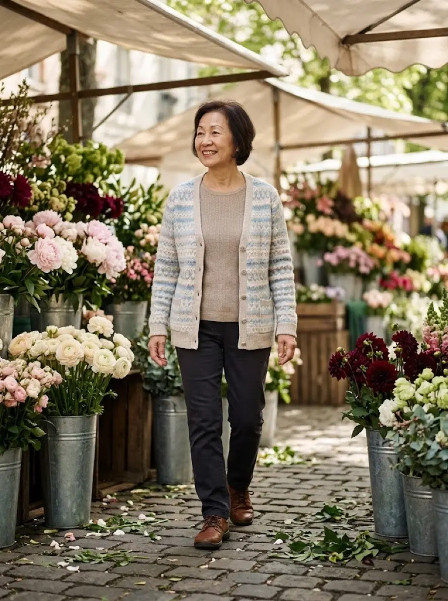 flower-market dating photo — woman walking through flower market aisle between buckets of blooms