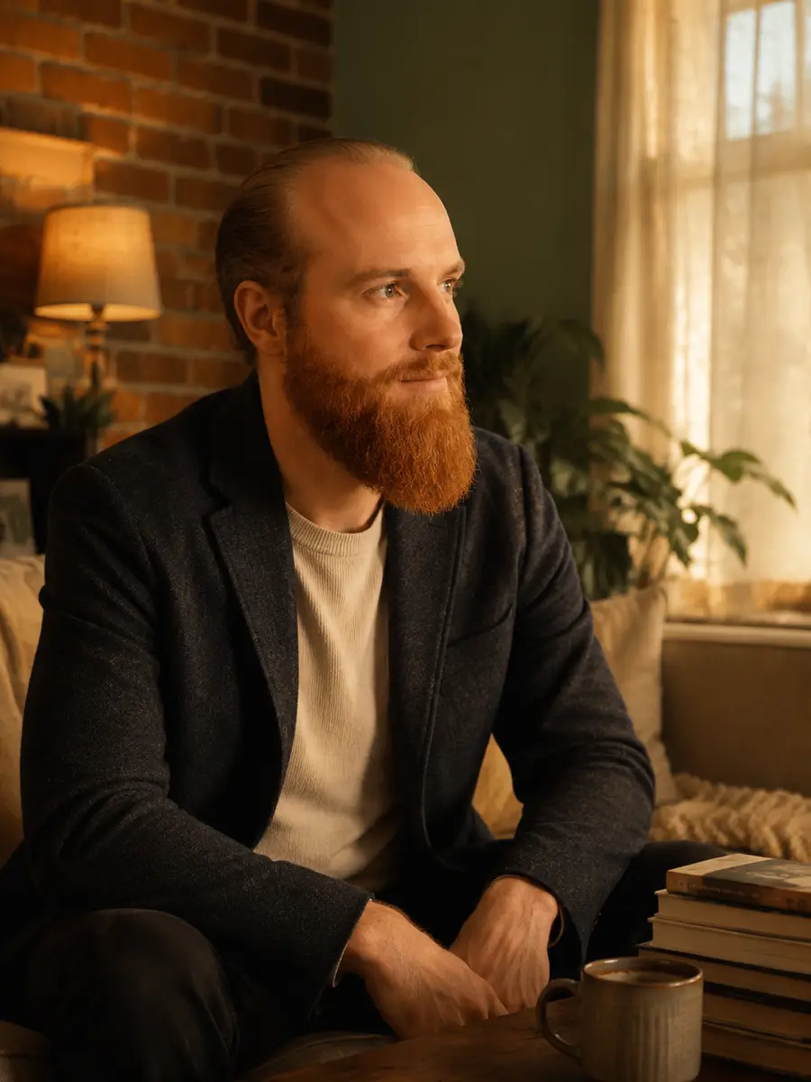 home-casual dating photo — bearded man in blazer gazing toward window in warmly lit room