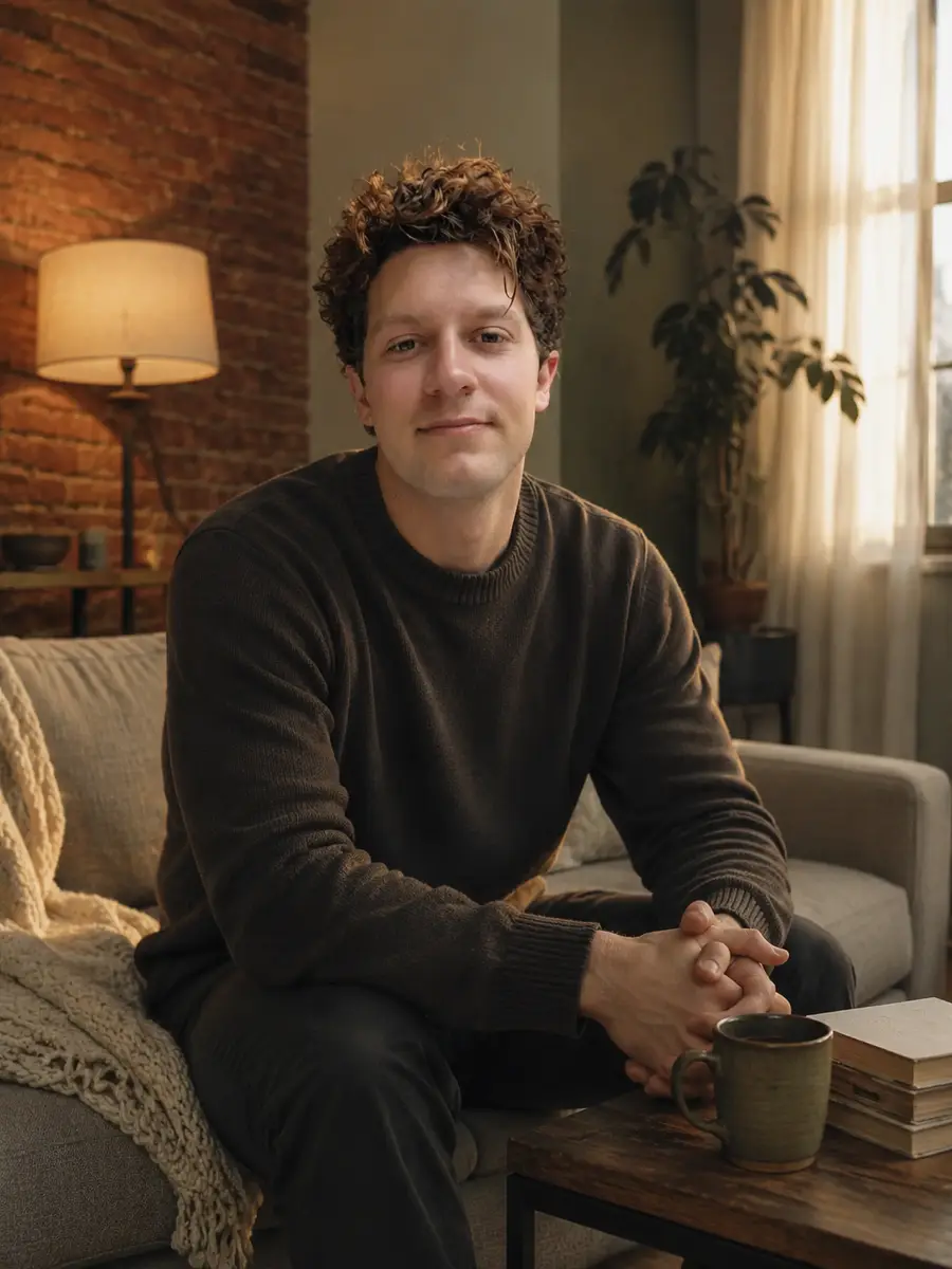 home-casual dating photo — Curly-haired man in dark sweater seated on couch beside coffee mug and books