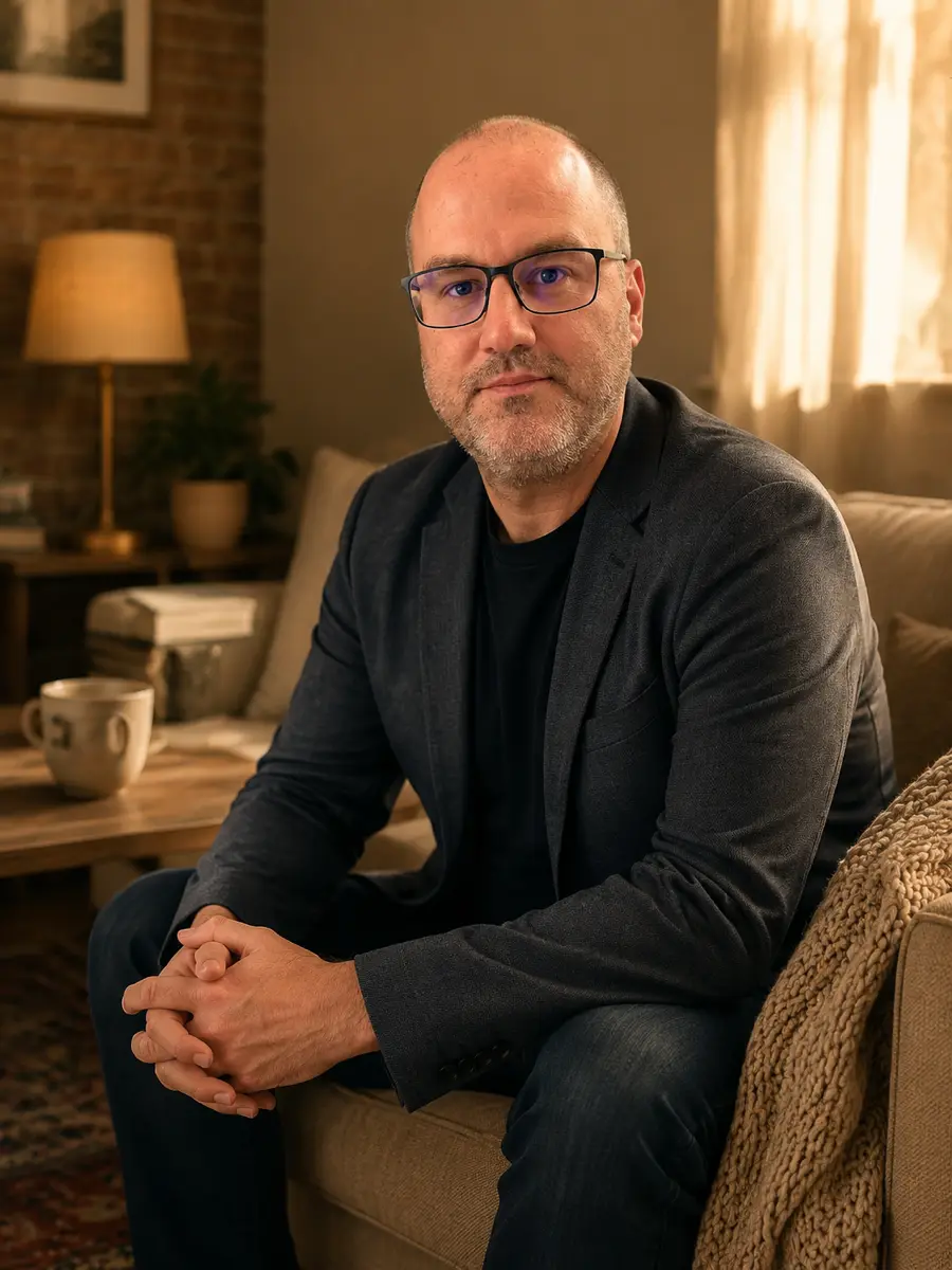 home-casual dating photo — Bearded man with glasses in blazer seated on couch in cozy living room