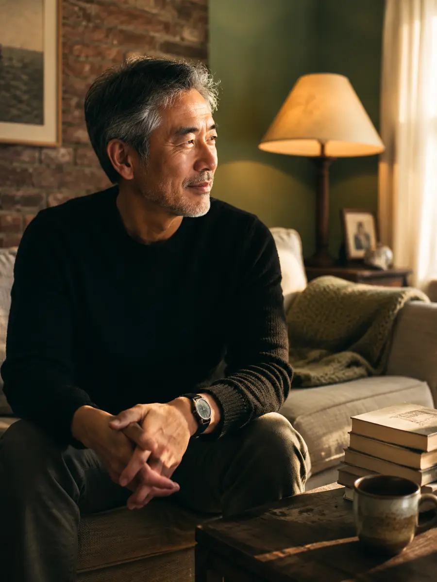home-casual dating photo — Older man in black sweater gazing off-camera beside lamp and stacked books