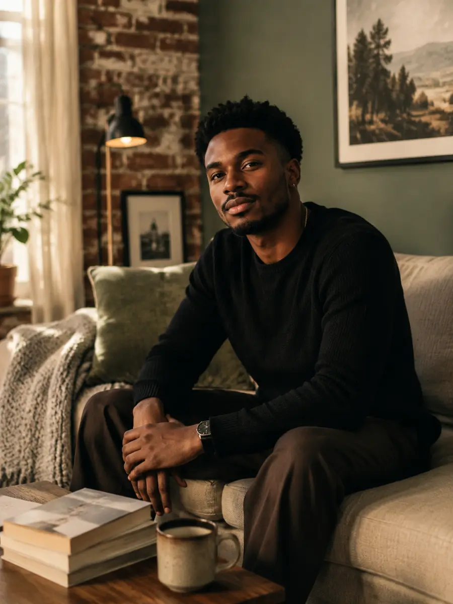 home-casual dating photo — Young man in black sweater seated on couch beside mug and books