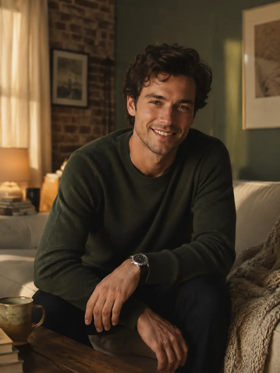 home-casual dating photo — Smiling man in green sweater leaning on knee near coffee mug on table