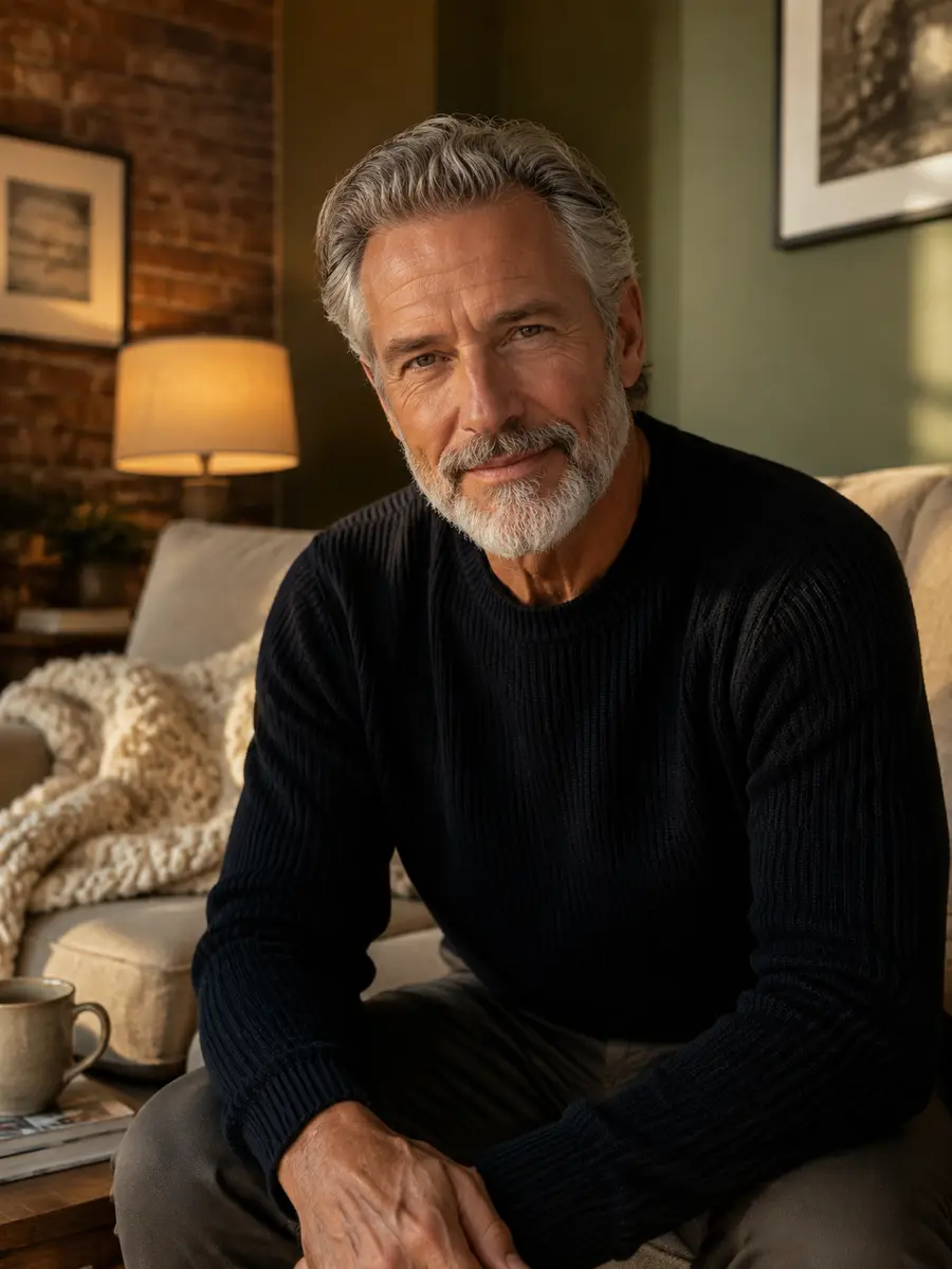 home-casual dating photo — grey-haired man in black sweater seated on sofa beside lamp