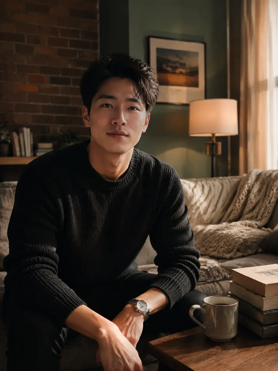home-casual dating photo — man in black knit sweater seated by coffee table with mug and books
