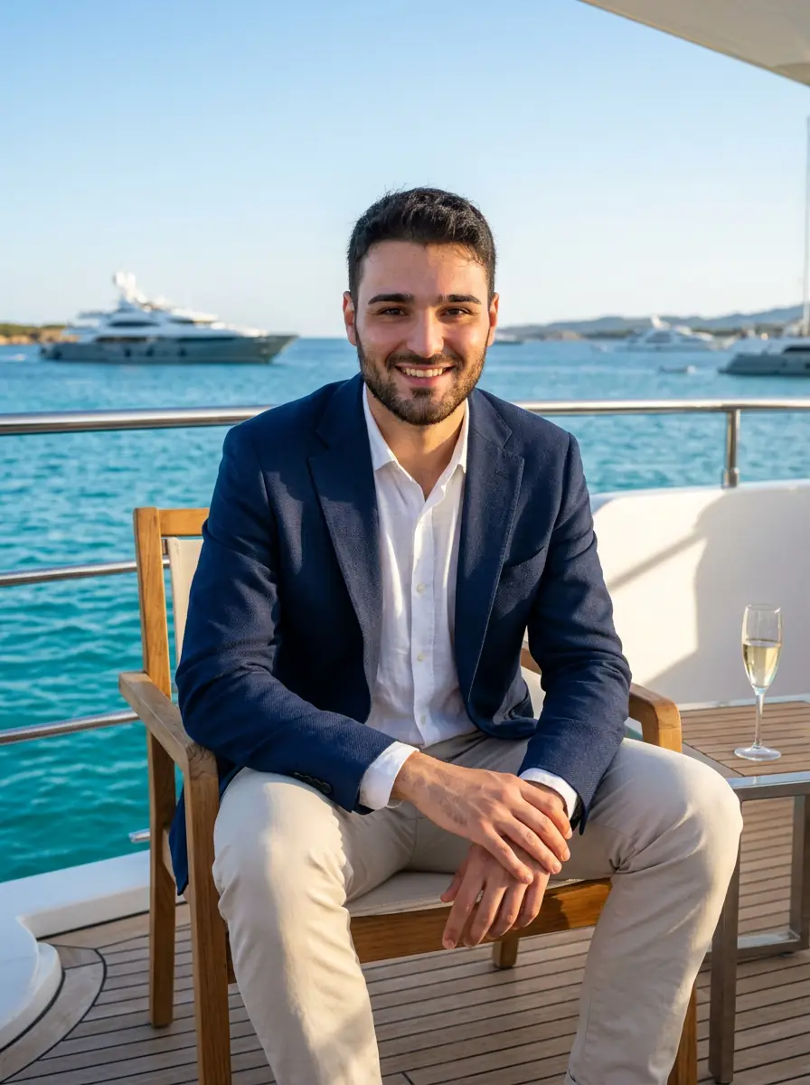 After: Before and after AI luxury yacht dating photo transformation