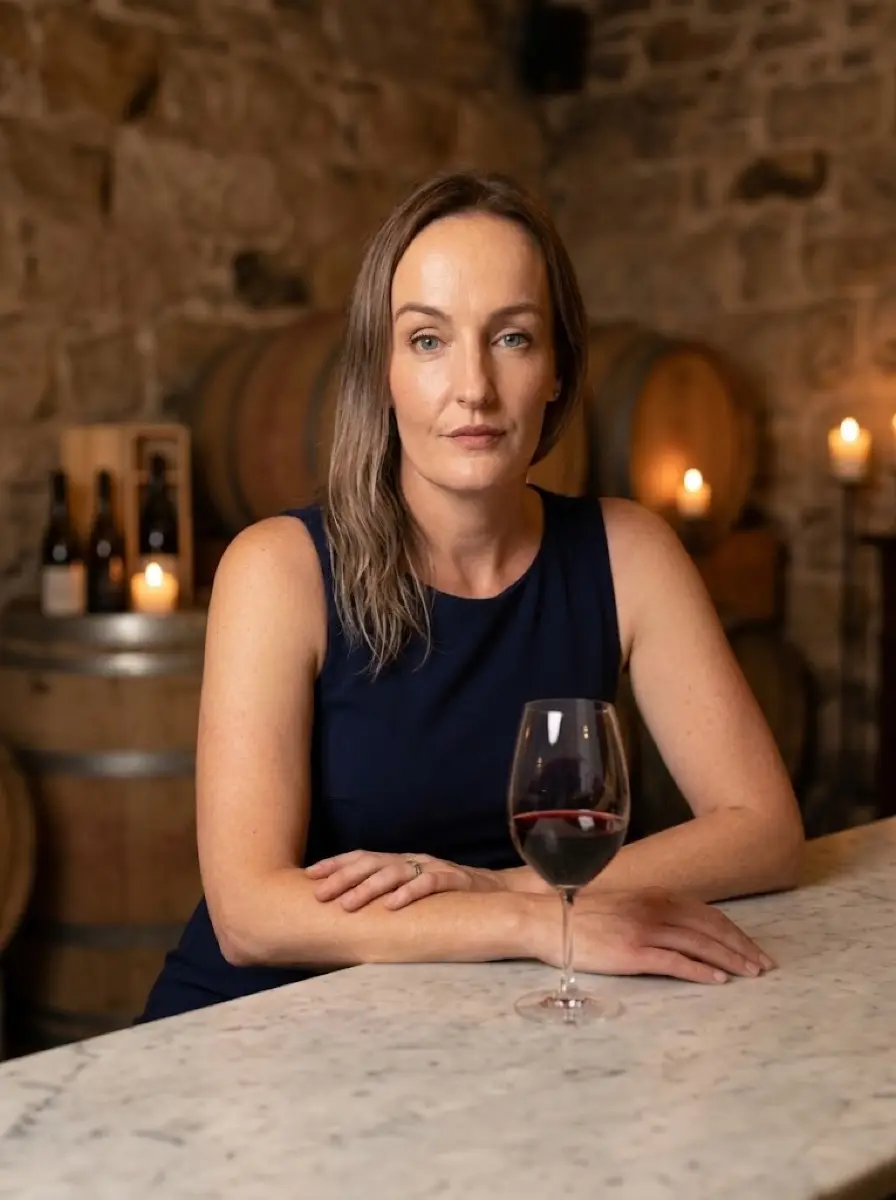 wine-tasting dating photo — woman seated at stone counter with red wine glass in cellar