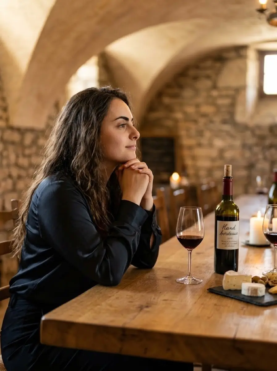 wine-tasting dating photo — woman resting chin on hands beside wine bottle in stone cellar