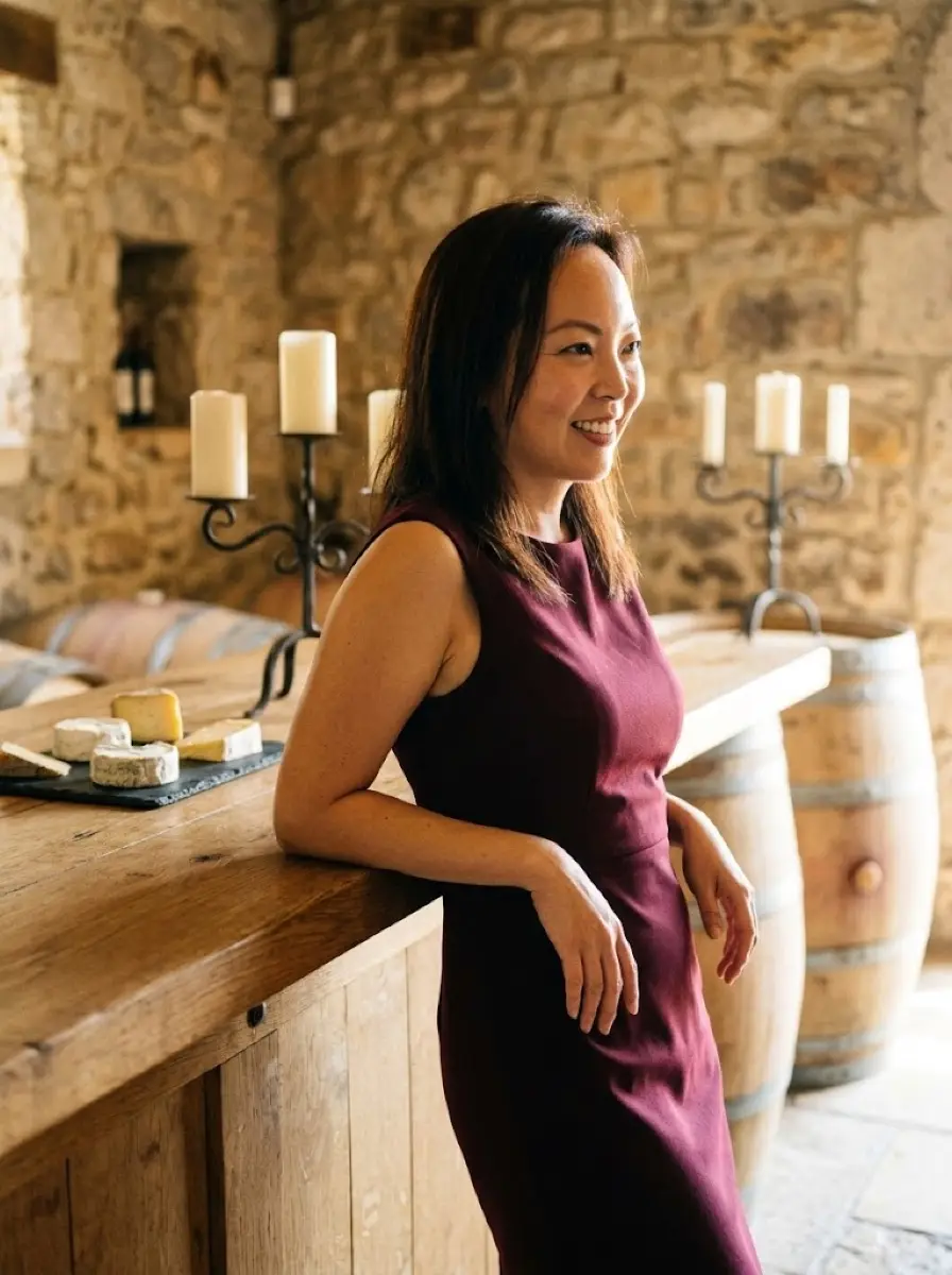 wine-tasting dating photo — smiling woman leaning on wooden bar with cheese board and candles