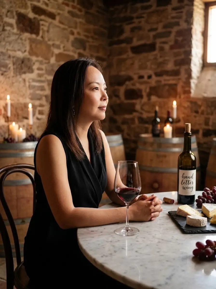 wine-tasting dating photo — woman seated at marble table with wine and cheese in stone cellar