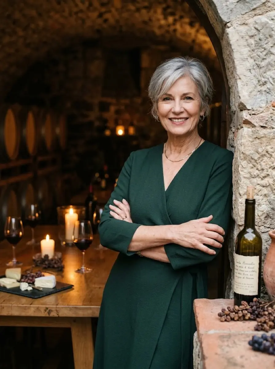 wine-tasting dating photo — woman smiling with arms crossed in candlelit wine cellar