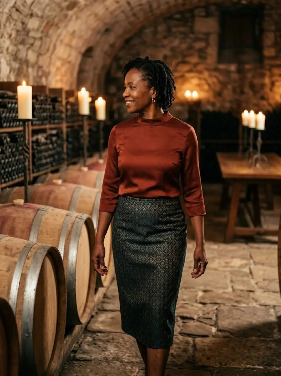 wine-tasting dating photo — woman walking past wine barrels in candlelit stone cellar