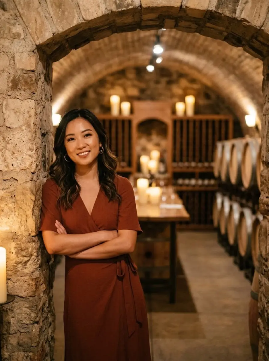 wine-tasting dating photo — woman leaning against stone archway in wine cellar with barrels