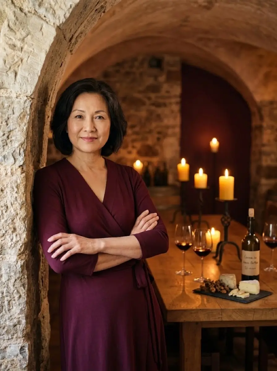 wine-tasting dating photo — woman with crossed arms beside candlelit table with wine and cheese